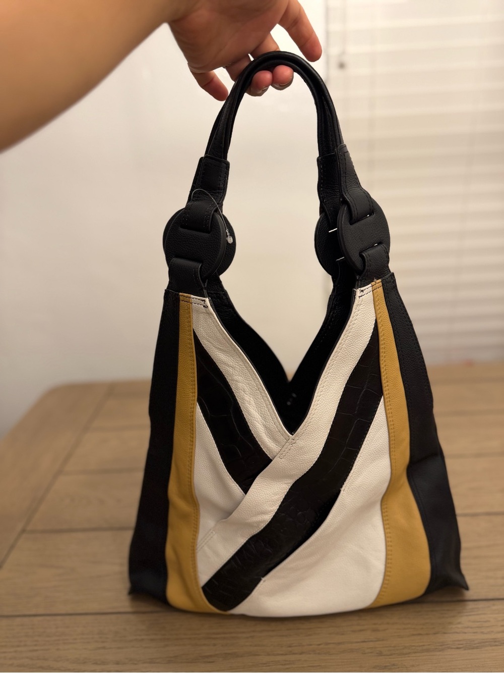 Tahari Black, White & Mustard Colorblock Shoulder Hobo